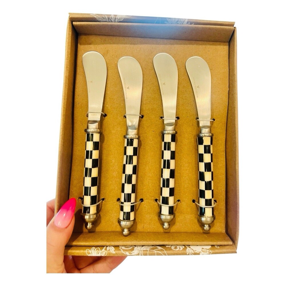 MacKenzie-Childs Supper Club Spreaders Set of 4 Courtly Check Enamel Handles NIB